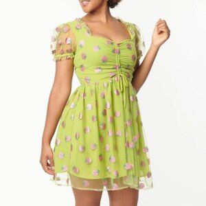 Smak Parlour Avocado & Pink Strawberry Print Woodstock Flare Dress Pinup Size M